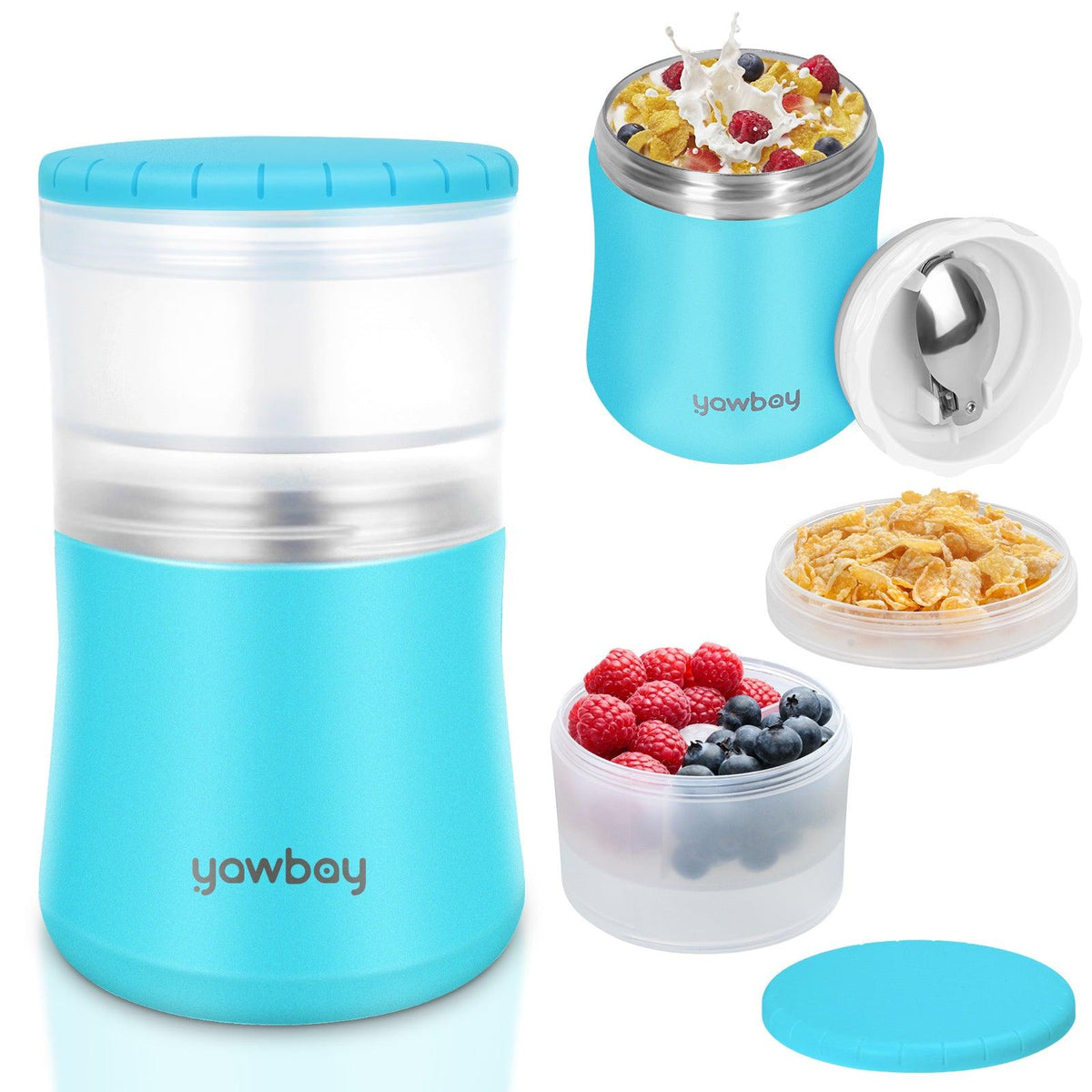 YAWBAY 2-in-1 insulated yogurt and snack jar with separate topping containers