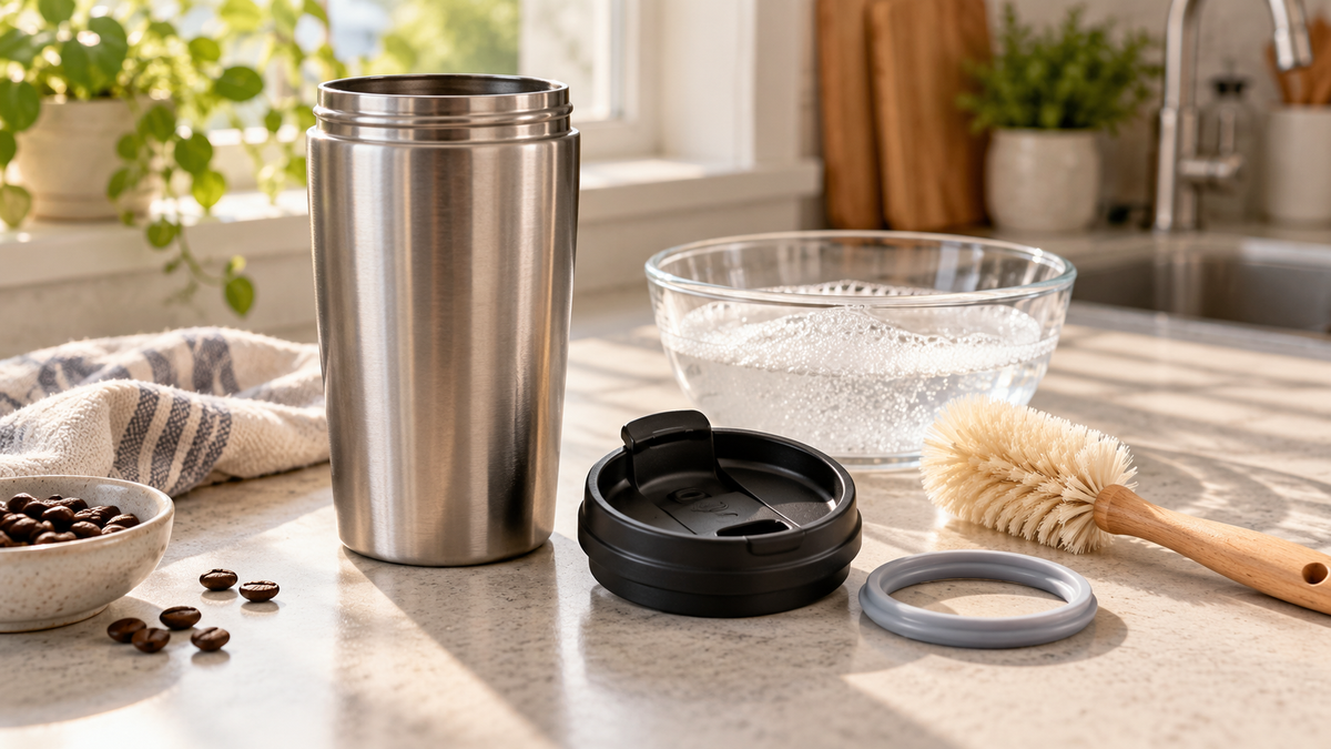 Disassembled travel mug lid and silicone seal beside a mug, soft brush, and bowl of soapy water