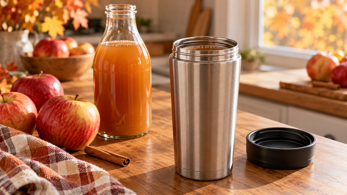 Open stainless steel travel mug with apple cider, apples, and cinnamon on a fall kitchen counter