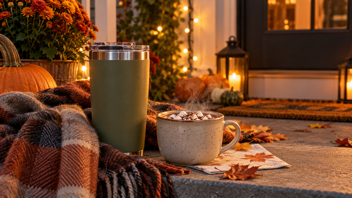 Insulated travel mug and ceramic cup of hot chocolate on a pumpkin-decorated porch at dusk
