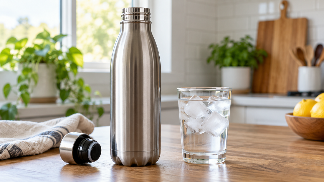 Illustration of an open stainless steel bottle beside a glass of ice water on a kitchen table