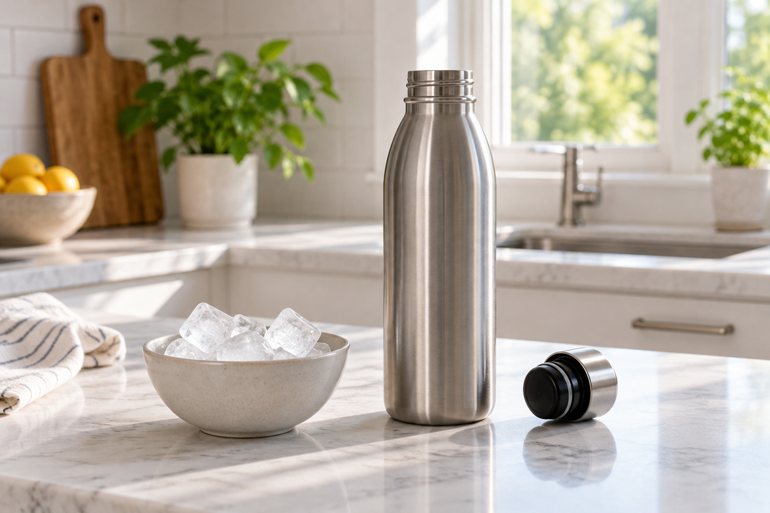 Illustration of an open stainless steel bottle beside a bowl of ice cubes on a kitchen counter