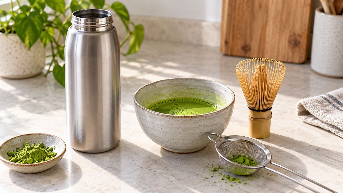 Open stainless steel bottle beside matcha bowl, whisk, and sieve holding matcha clumps