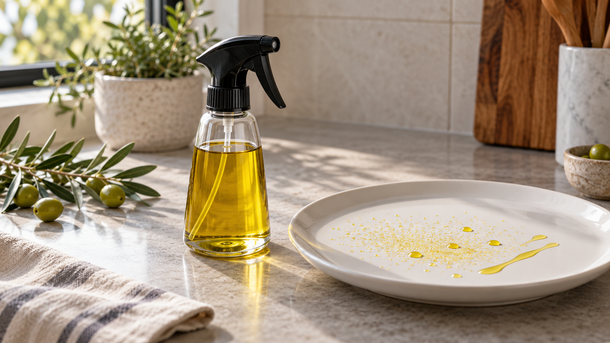 Unbranded olive oil sprayer beside a plate showing fine oil droplets and a narrow stream
