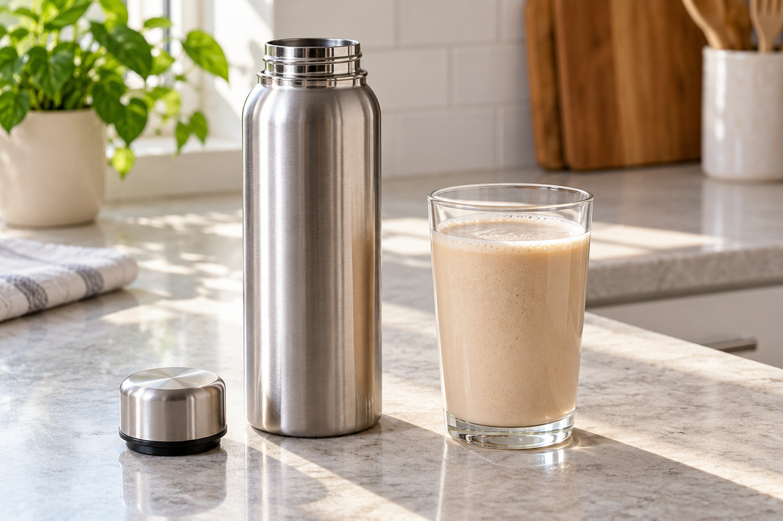 Illustration of an open stainless steel bottle beside a glass of protein shake on a kitchen counter