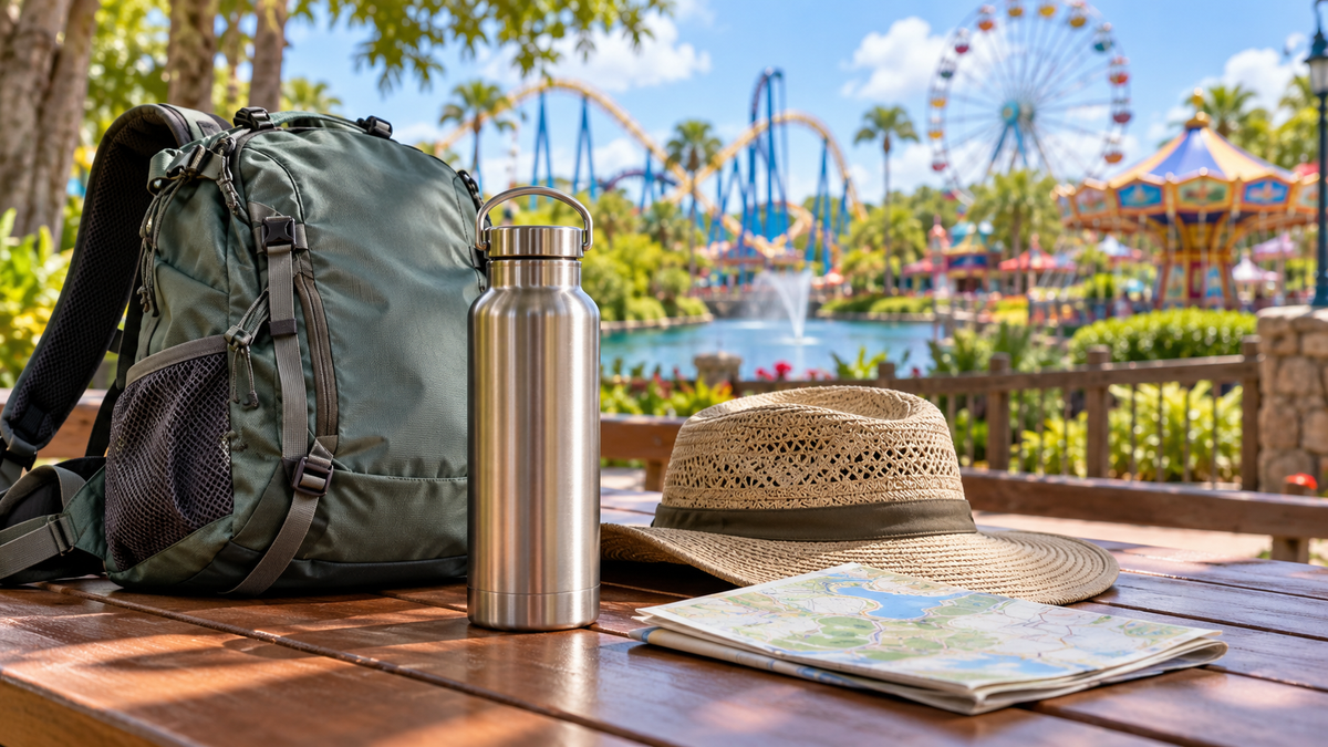 Reusable stainless steel water bottle beside a daypack, sun hat, and map at a generic theme park