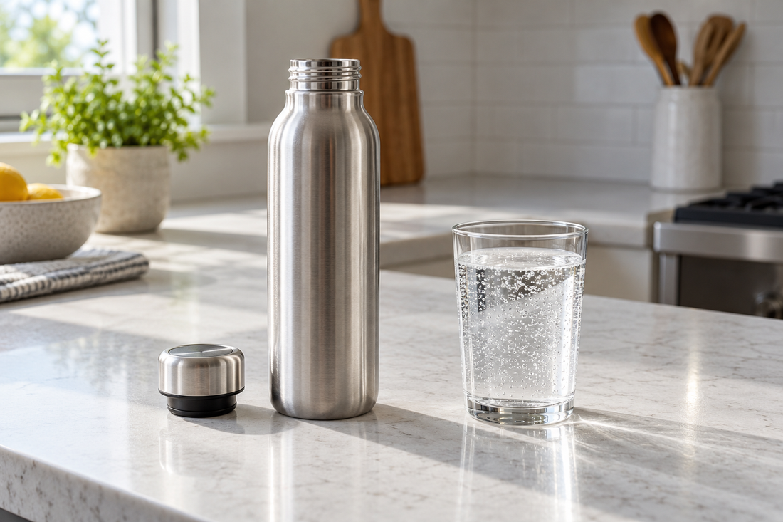 Illustration of an open stainless steel bottle beside a glass of sparkling water on a kitchen counter