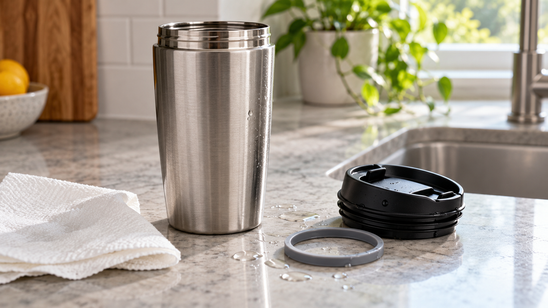 Travel mug with lid and removable seal on a counter beside water drops and a towel