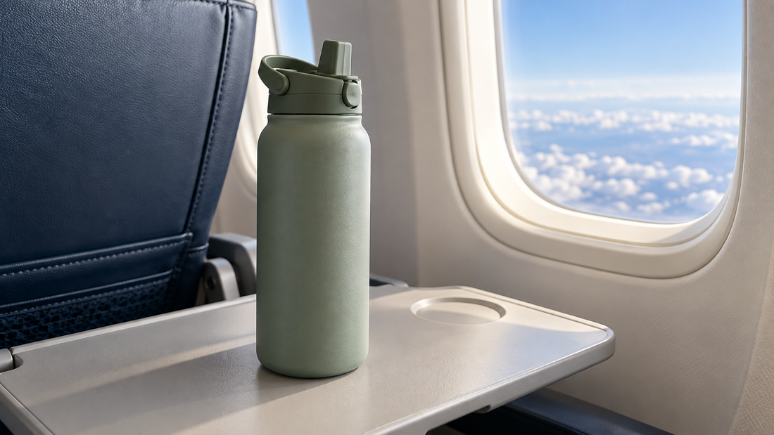 Illustration of a reusable water bottle on an airplane tray table beside a window