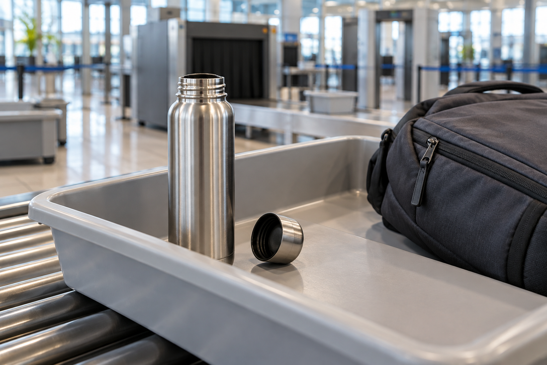 Illustration of an empty stainless steel water bottle and cap in an airport security tray