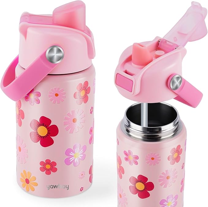 【YAWBAY】Kids Water Bottle for School 12 oz,Insulated Stainless Steel Water Bottle for Kids,Water Bottles for Toddler Girls Boys with Pop-Up Straw-Cap(Flower)