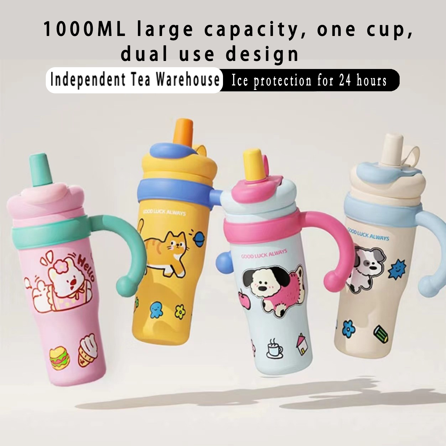1000ml / 35oz Stainless Steel Tumbler with Handle - Ceramic Coated Inner, Two Lids, Spill-Proof, Dual Drink Designs, Dishwasher Safe, Ice Bar Handle Mug, Thermos Cup, Portable Cold Drink Cup, Car Straw Cup, 316 Stainless Steel High-Value Ice
