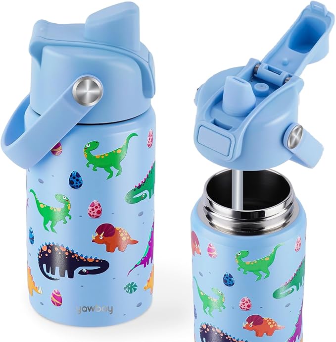 【YAWBAY】Kids Water Bottle for School 12 oz,Stainless Steel Insulated Water Bottles,Dinosaur Water Bottle for Toddler Boys Girls with Pop-Up Straw-Cap(Dino)