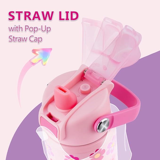 【YAWBAY】Kids Water Bottle for School 12 oz,Insulated Stainless Steel Water Bottle for Kids,Water Bottles for Toddler Girls Boys with Pop-Up Straw-Cap(Flower)