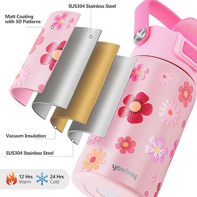 【YAWBAY】Kids Water Bottle for School 12 oz,Insulated Stainless Steel Water Bottle for Kids,Water Bottles for Toddler Girls Boys with Pop-Up Straw-Cap(Flower)