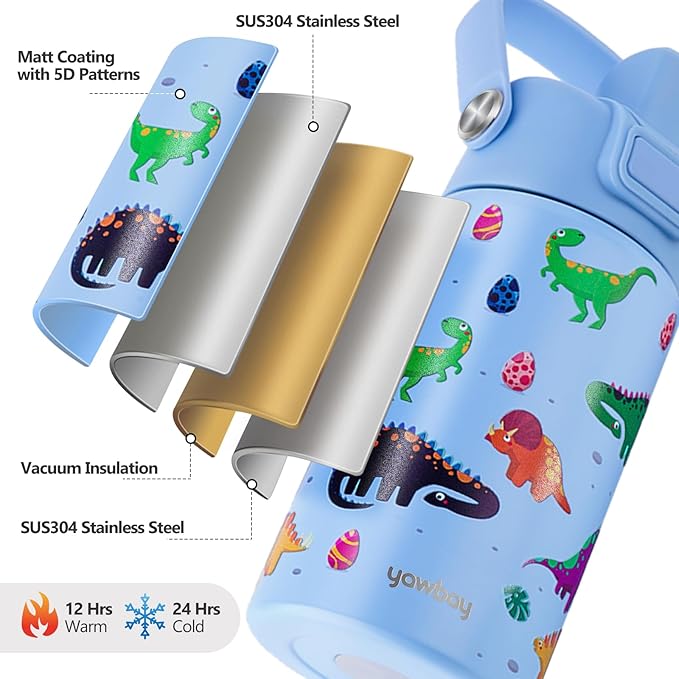 【YAWBAY】Kids Water Bottle for School 12 oz,Stainless Steel Insulated Water Bottles,Dinosaur Water Bottle for Toddler Boys Girls with Pop-Up Straw-Cap(Dino)