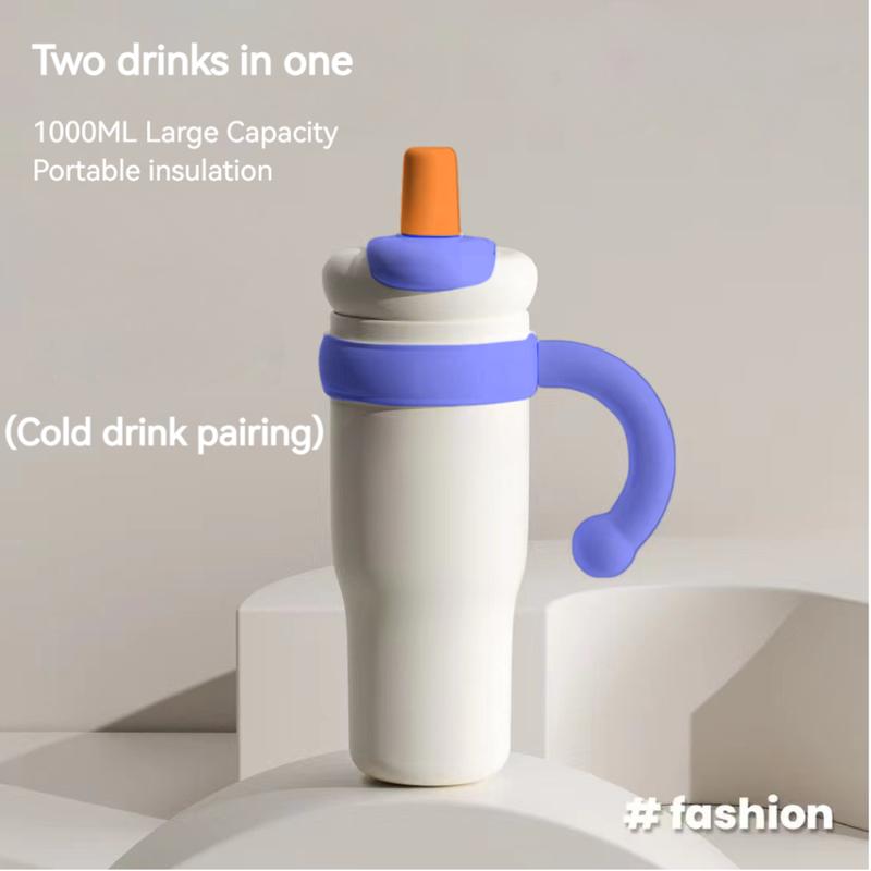 1000ml / 35oz Stainless Steel Tumbler with Handle - Ceramic Coated Inner, Two Lids, Spill-Proof, Dual Drink Designs, Dishwasher Safe, Ice Bar Handle Mug, Thermos Cup, Portable Cold Drink Cup, Car Straw Cup, 316 Stainless Steel High-Value Ice