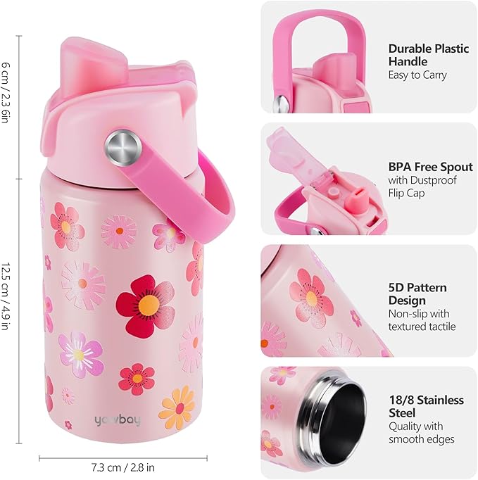 【YAWBAY】Kids Water Bottle for School 12 oz,Insulated Stainless Steel Water Bottle for Kids,Water Bottles for Toddler Girls Boys with Pop-Up Straw-Cap(Flower)