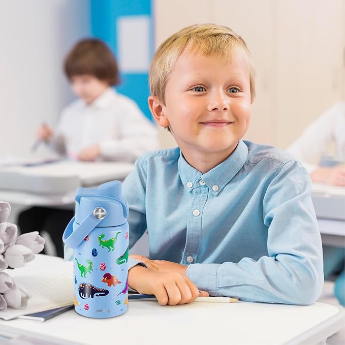 【YAWBAY】Kids Water Bottle for School 12 oz,Stainless Steel Insulated Water Bottles,Dinosaur Water Bottle for Toddler Boys Girls with Pop-Up Straw-Cap(Dino)