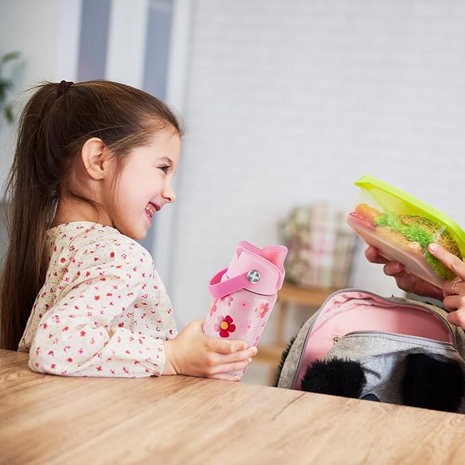 【YAWBAY】Kids Water Bottle for School 12 oz,Insulated Stainless Steel Water Bottle for Kids,Water Bottles for Toddler Girls Boys with Pop-Up Straw-Cap(Flower)