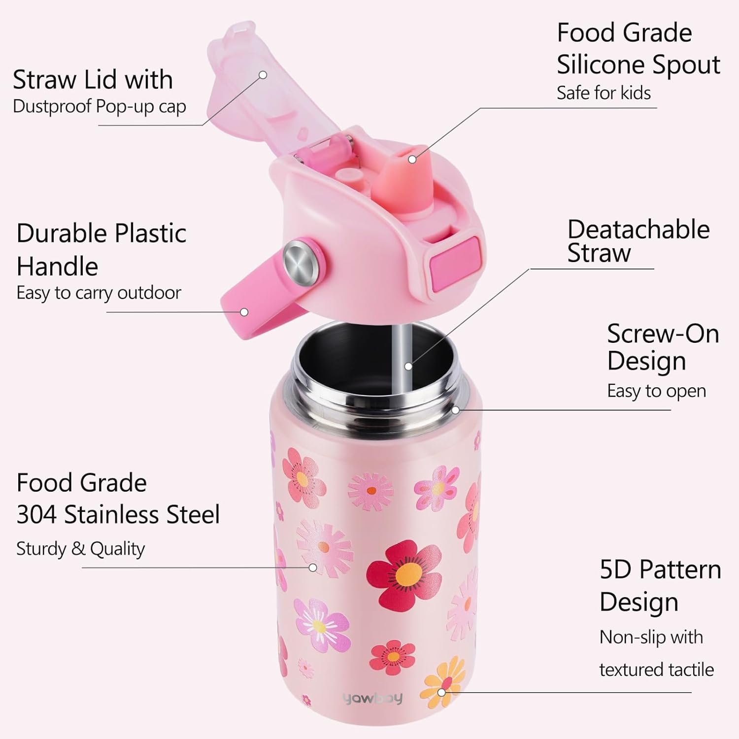 【YAWBAY】Kids Water Bottle for School 12 oz,Insulated Stainless Steel Water Bottle for Kids,Water Bottles for Toddler Girls Boys with Pop-Up Straw-Cap(Flower)
