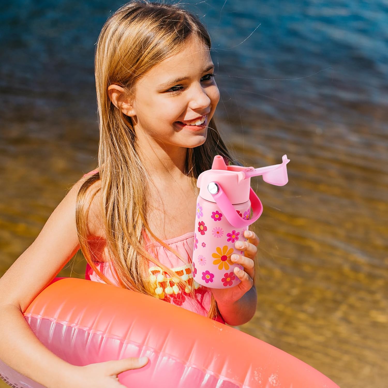 【YAWBAY】Kids Water Bottle for School 12 oz,Insulated Stainless Steel Water Bottle for Kids,Water Bottles for Toddler Girls Boys with Pop-Up Straw-Cap(Flower)