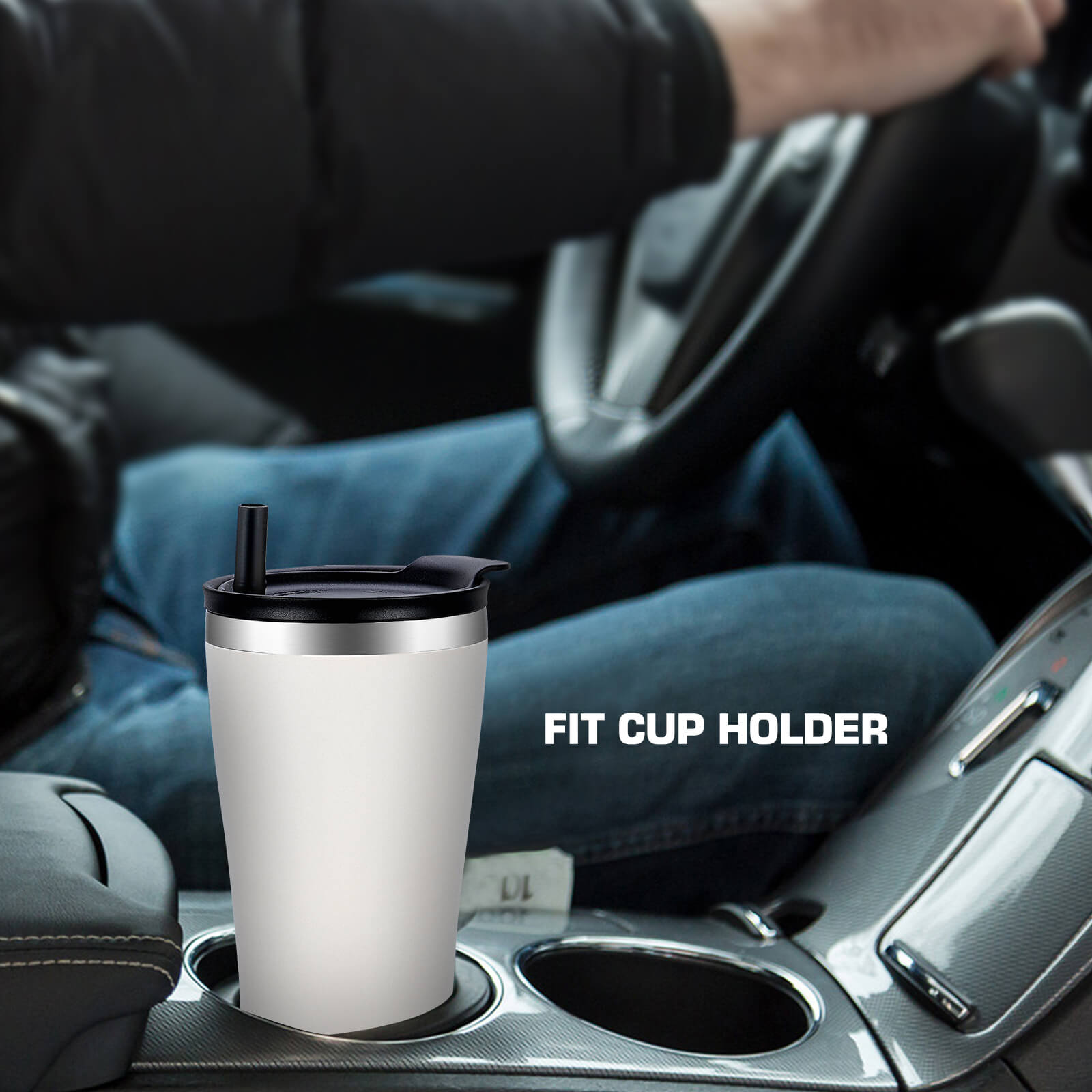 20 oz dual-sip tumbler shown in a car cup holder