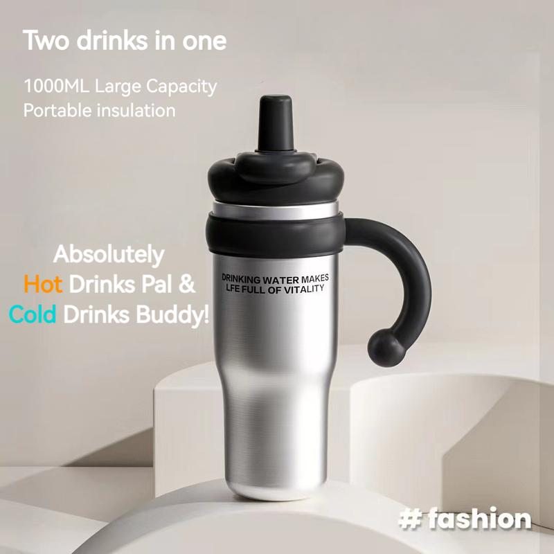 1000ml / 35oz Stainless Steel Tumbler with Handle - Ceramic Coated Inner, Two Lids, Spill-Proof, Dual Drink Designs, Dishwasher Safe, Ice Bar Handle Mug, Thermos Cup, Portable Cold Drink Cup, Car Straw Cup, 316 Stainless Steel High-Value Ice