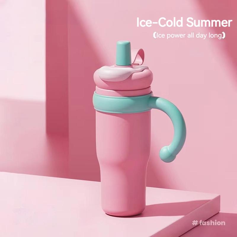1000ml / 35oz Stainless Steel Tumbler with Handle - Ceramic Coated Inner, Two Lids, Spill-Proof, Dual Drink Designs, Dishwasher Safe, Ice Bar Handle Mug, Thermos Cup, Portable Cold Drink Cup, Car Straw Cup, 316 Stainless Steel High-Value Ice