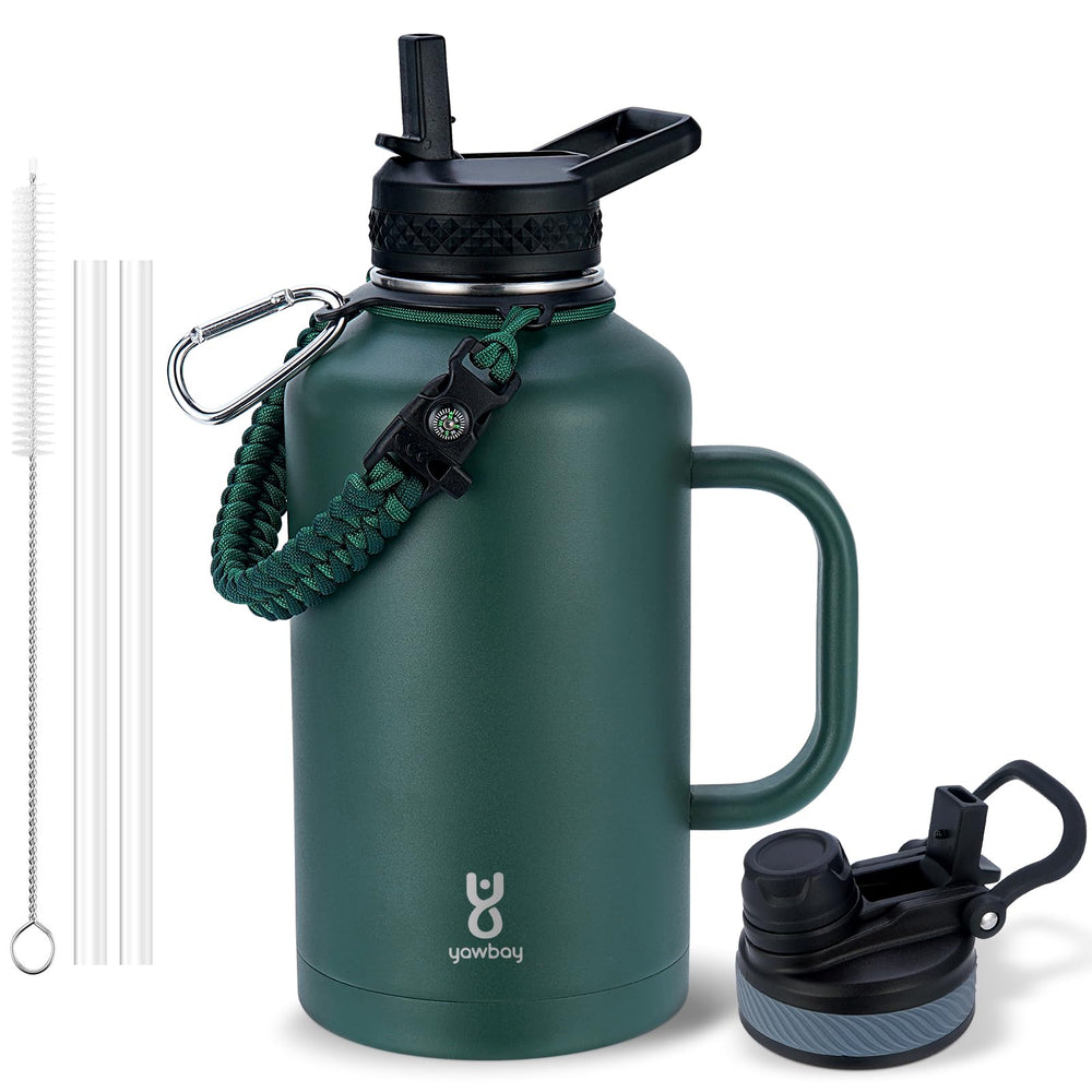 64 oz Insulated Water Bottle - 2-in-1 Lids, Paracord Handle, Leak-Proof for Outdoors