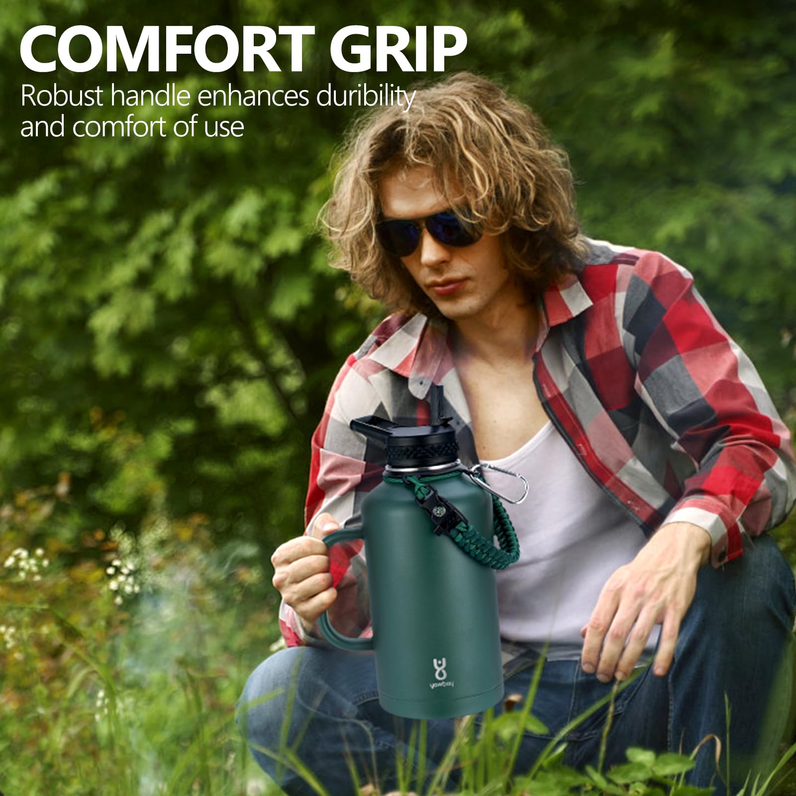 64 oz Insulated Water Bottle - 2-in-1 Lids, Paracord Handle, Leak-Proof for Outdoors