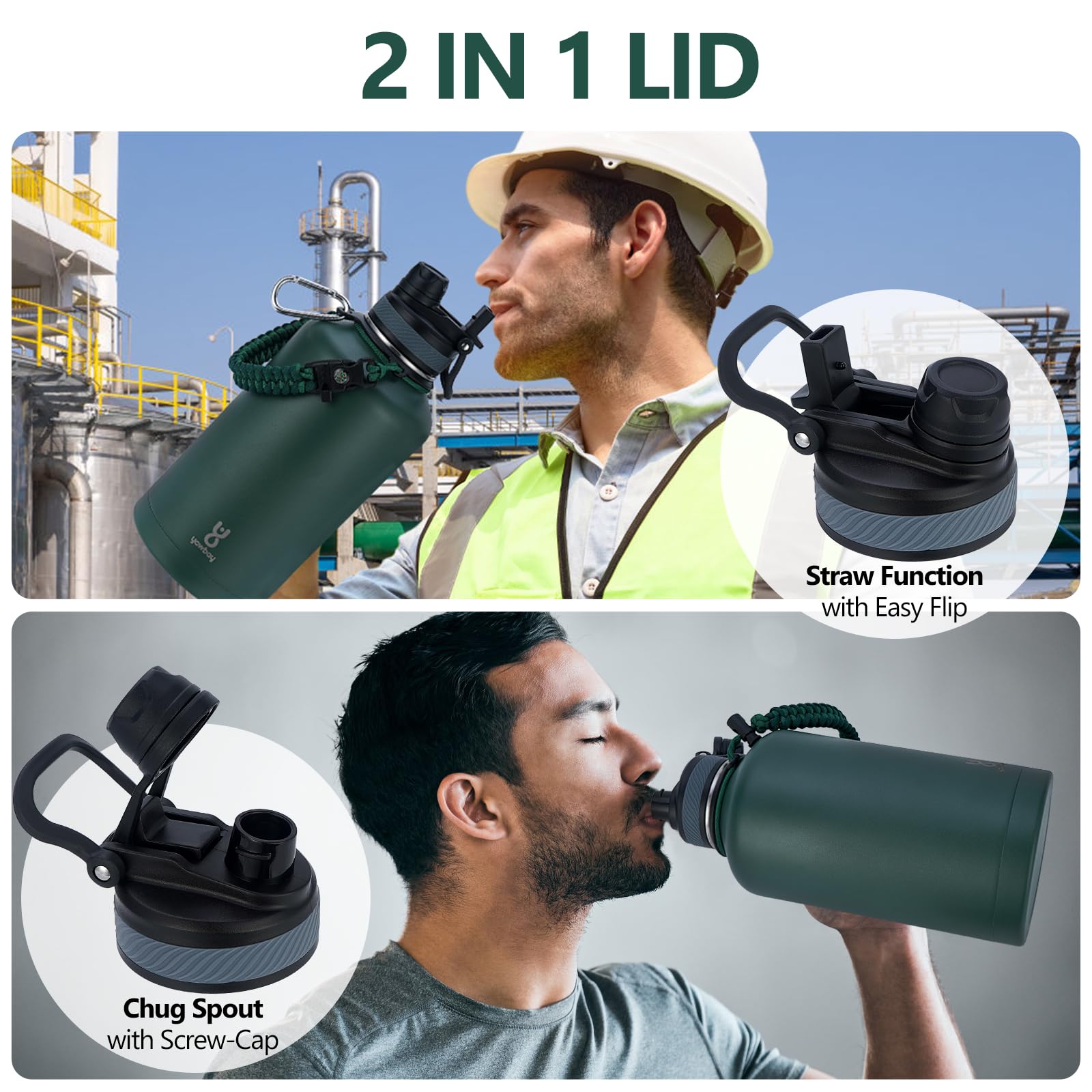 64 oz Insulated Water Bottle - 2-in-1 Lids, Paracord Handle, Leak-Proof for Outdoors
