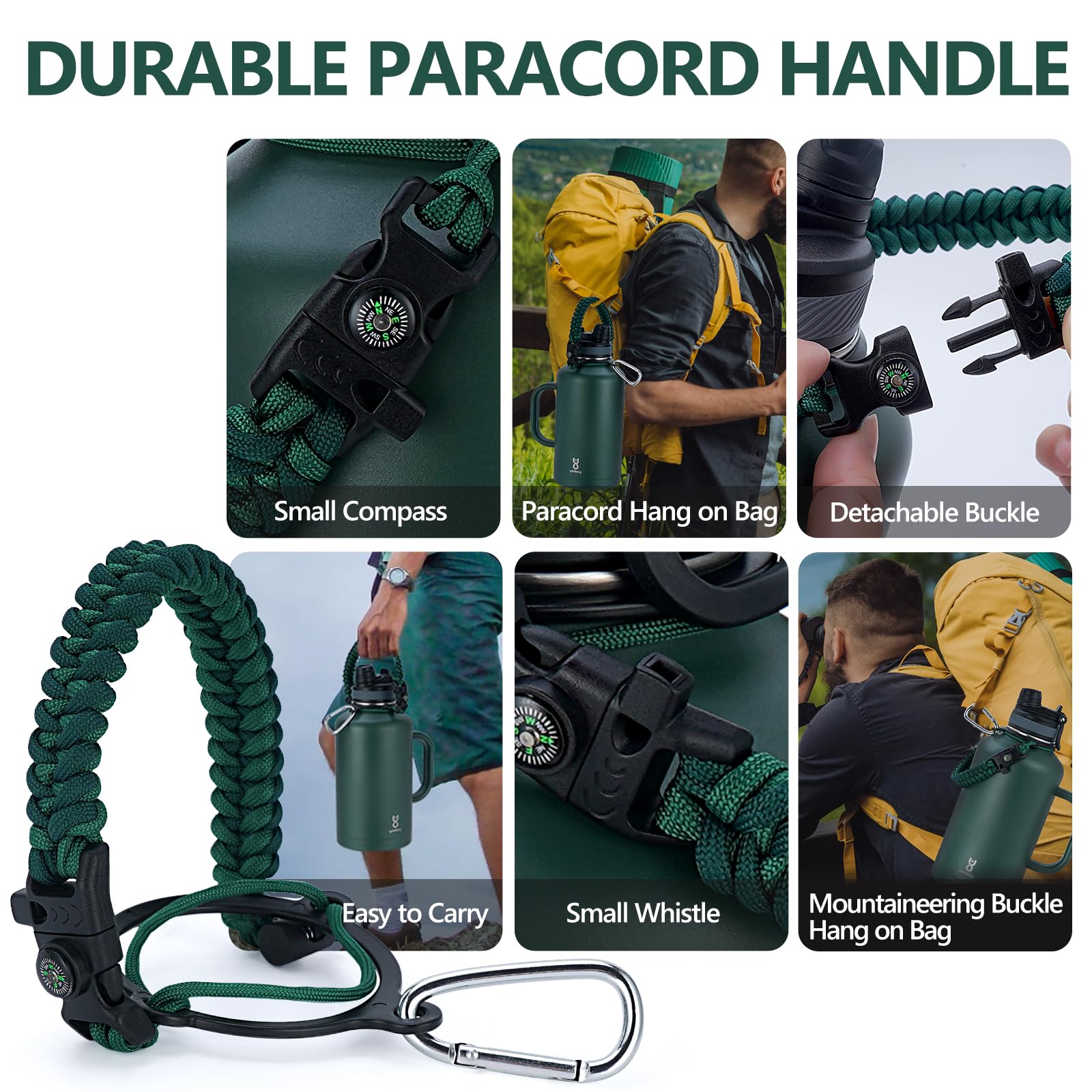 64 oz Insulated Water Bottle - 2-in-1 Lids, Paracord Handle, Leak-Proof for Outdoors