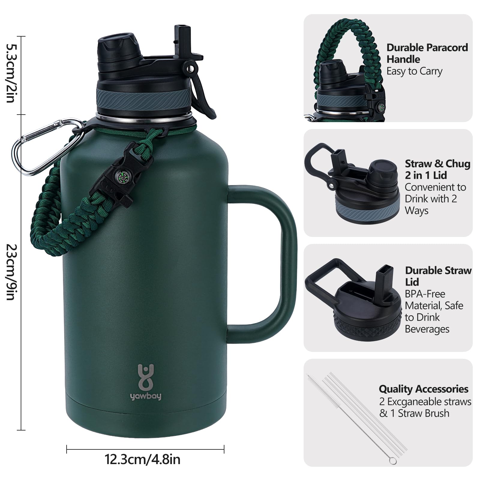 64 oz Insulated Water Bottle - 2-in-1 Lids, Paracord Handle, Leak-Proof for Outdoors