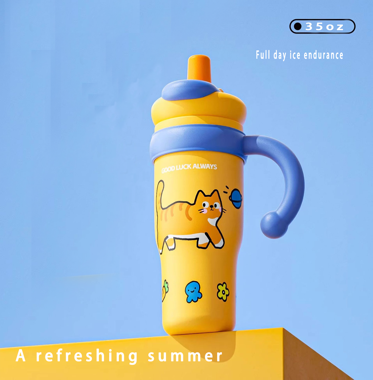 1000ml / 35oz Stainless Steel Tumbler with Handle - Ceramic Coated Inner, Two Lids, Spill-Proof, Dual Drink Designs, Dishwasher Safe, Ice Bar Handle Mug, Thermos Cup, Portable Cold Drink Cup, Car Straw Cup, 316 Stainless Steel High-Value Ice