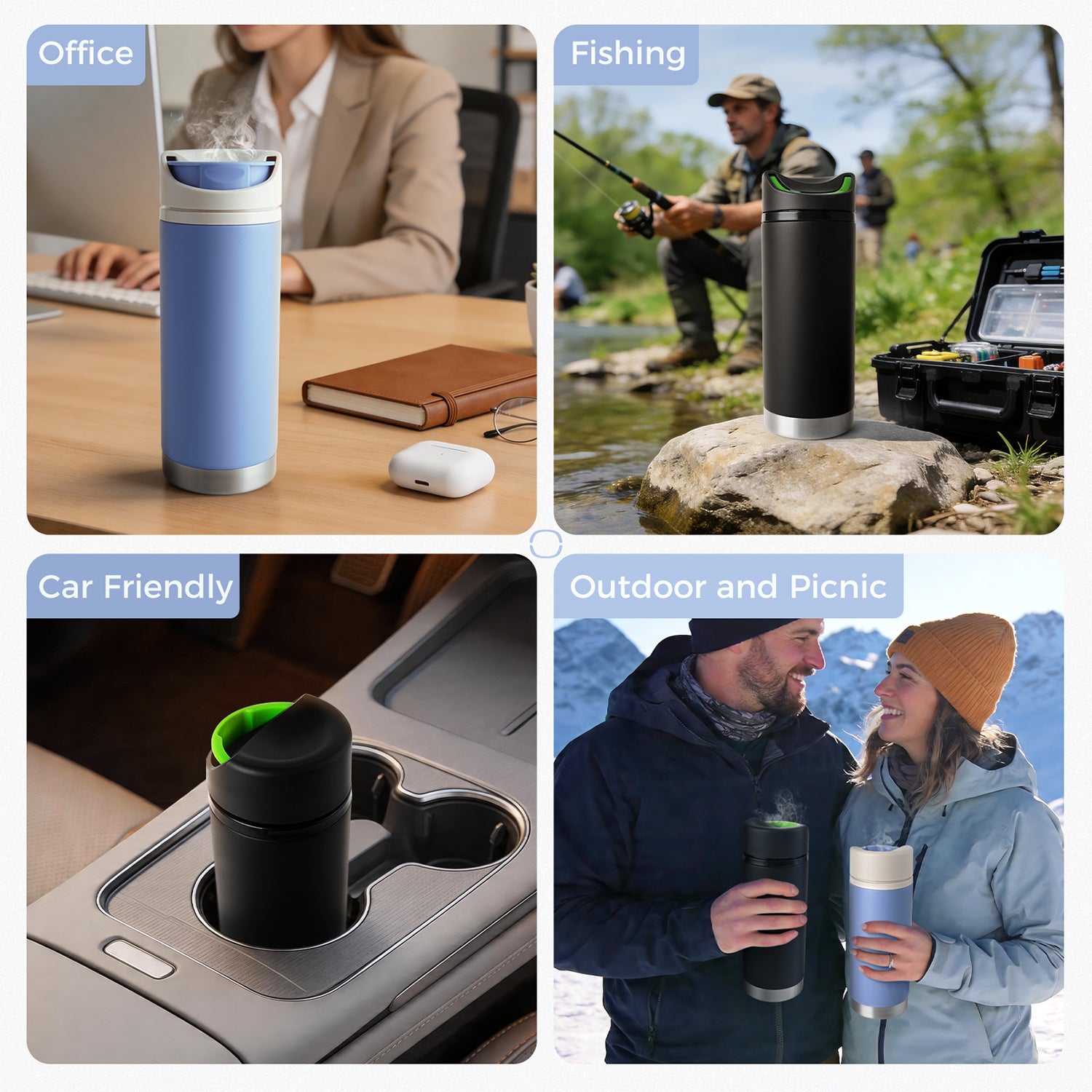 HeatLock mug for office, car travel, fishing, and outdoor use